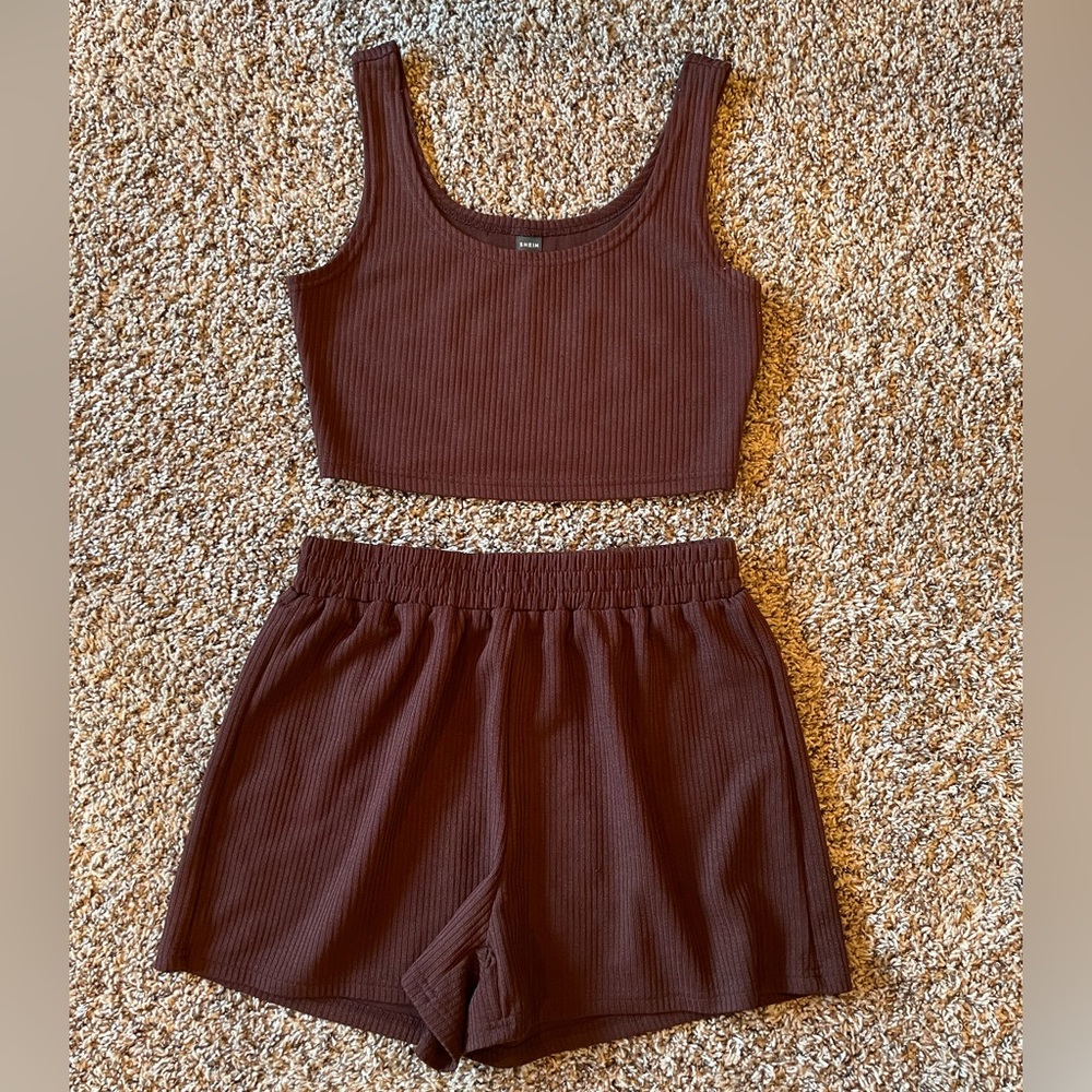 Like New! SHEIN Rib-Knit Crop Tank Top & Shorts Size 6 (M) Coffee Brown EUC